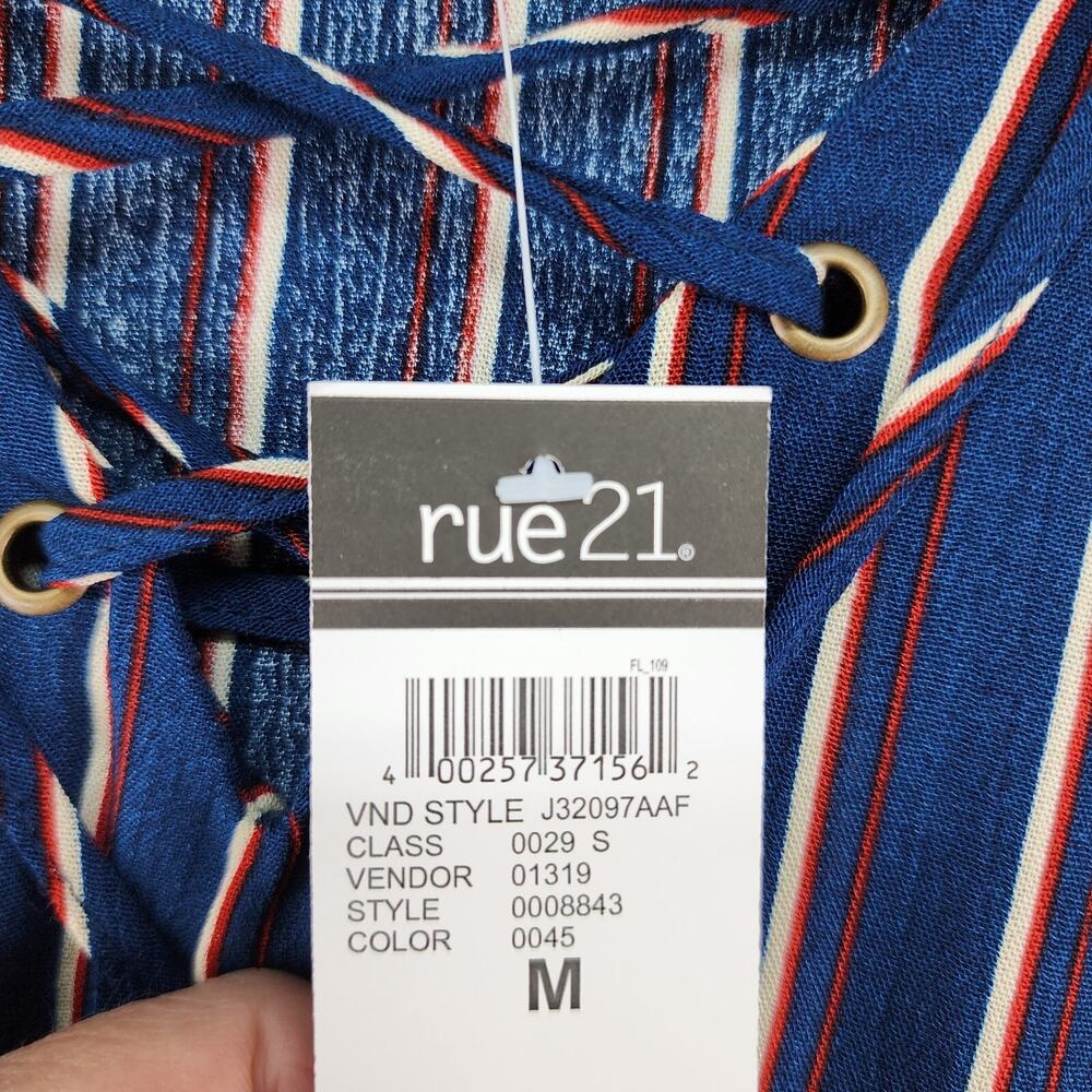 NWT Rue 21 Juniors Blouse Medium Blue Striped V Neck Long Sleeve Cropped Top - Picture 12 of 12